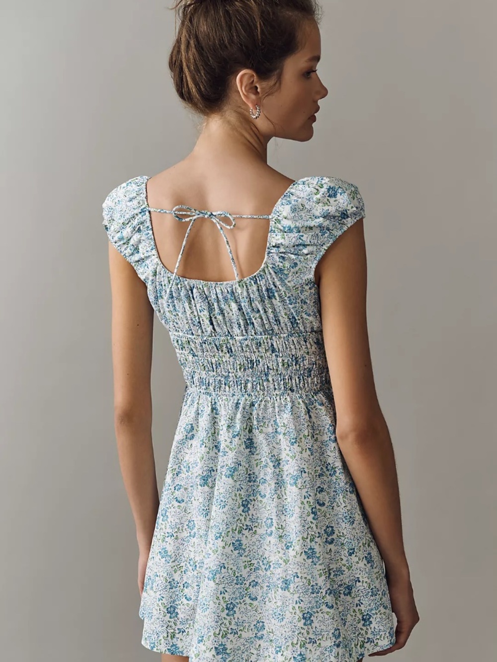By Anthropologie Cotton Smocked Mini Dress Blue Green Floral Pockets Size Lg NWT